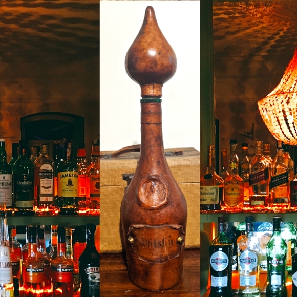 Antique Distressed Real Leather Covered Italian Whisky Decanter - Picture 1 of 12